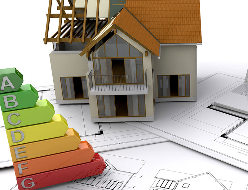 logo DPE sur fond de plan d'architecte et d'une vue de maison en 3D sur forme d'esquisse